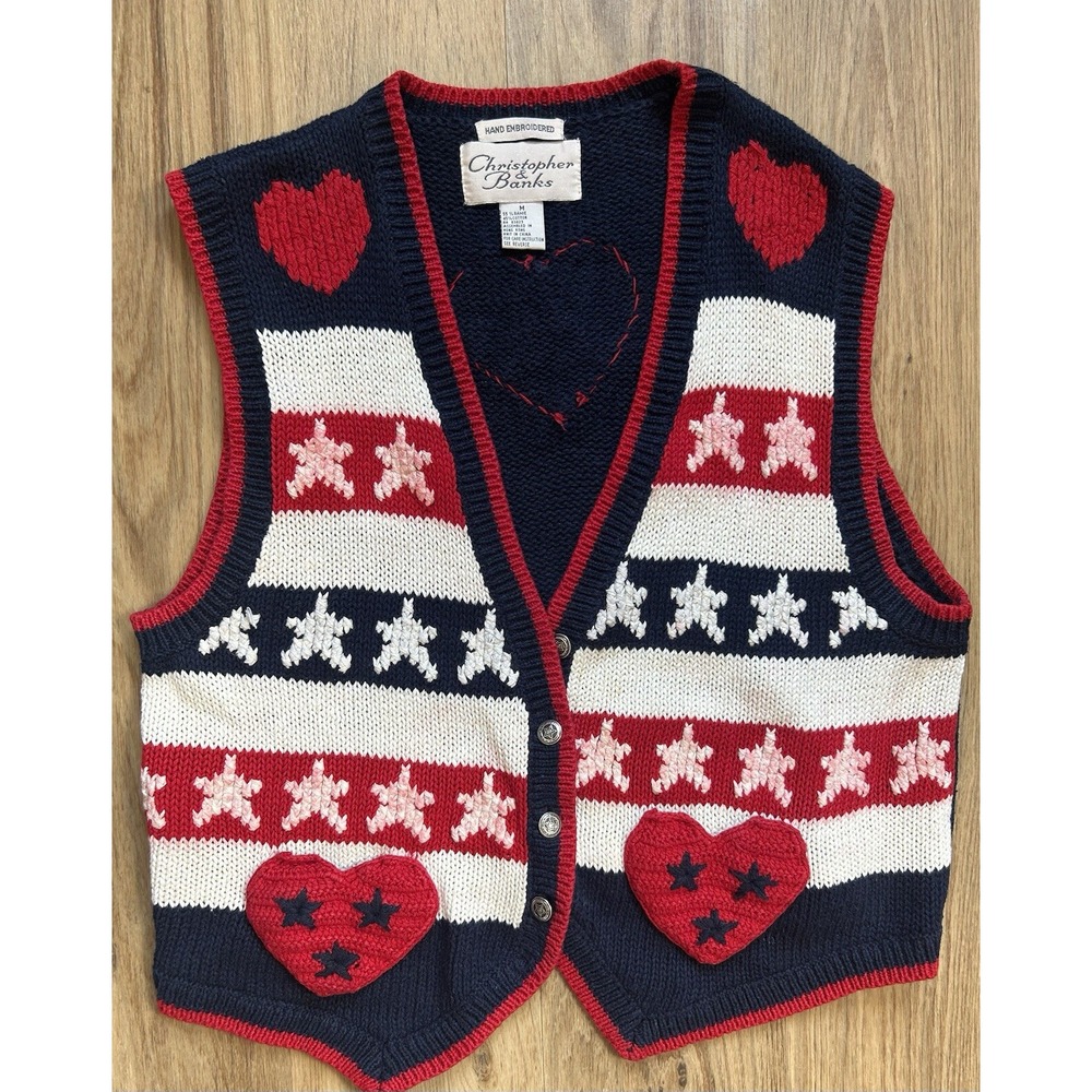 Christopher & Banks Hand‎ Embroidered Sweater Vest Sz M Red Blue Stars Patriotic